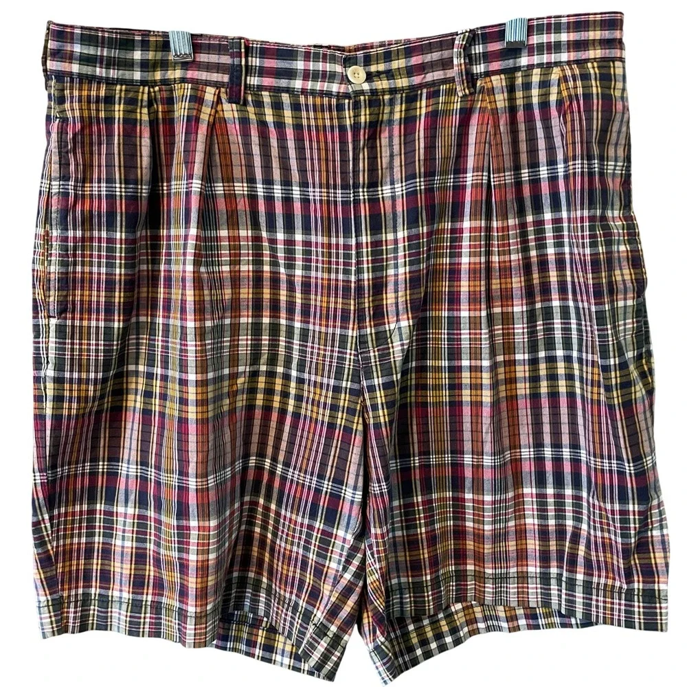 Polo Ralph Lauren Tyler Short Mens 36 Multicolor Plaid Pleated Cotton Madras